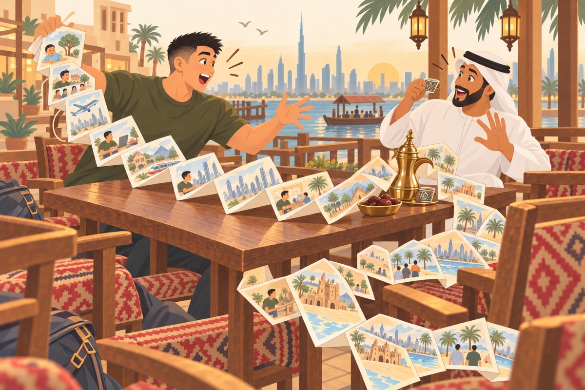 A simple question about home unleashes a life-story scrapbook across the table and chairs as the friend rescues his coffee.