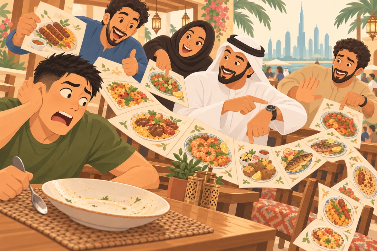 Friends push competing menu choices while the hungry learner clutches his hair beside an empty plate.